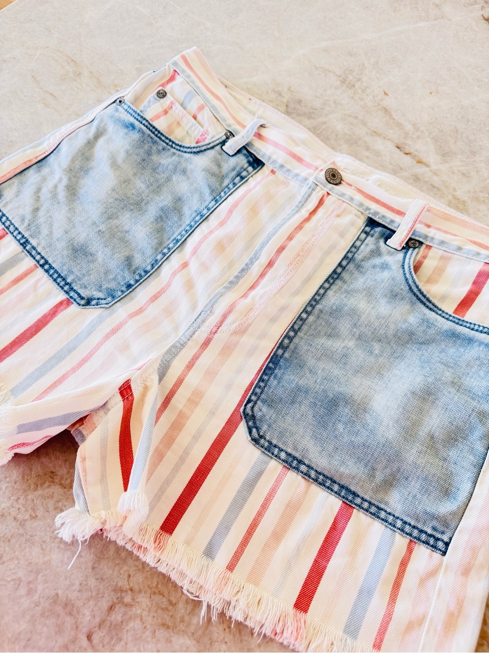 American Eagle Striped Denim Patchwork Shorts Raw Hem 100% Cotton Size 12